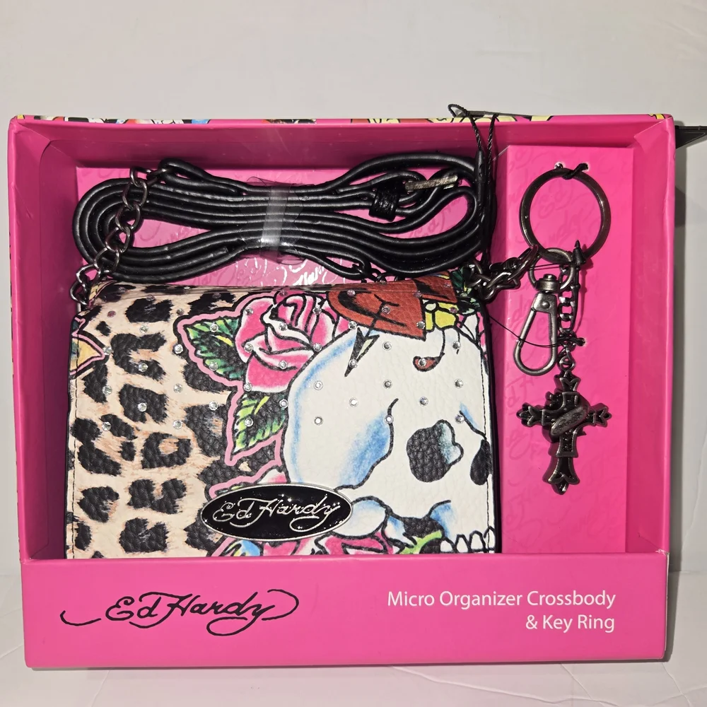Ed Hardy Skull Leopard Rose Micro Organizer Crossbody & Key Ring Set